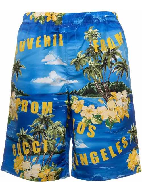 Gucci Light-blue Swim Shorts With All-over Graphic Print In Nylon Man