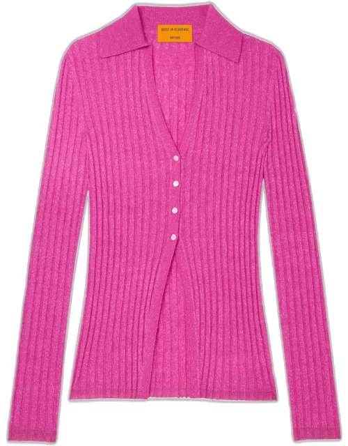 Ribbed Wool Cashmere V-Neck Polo Cardigan