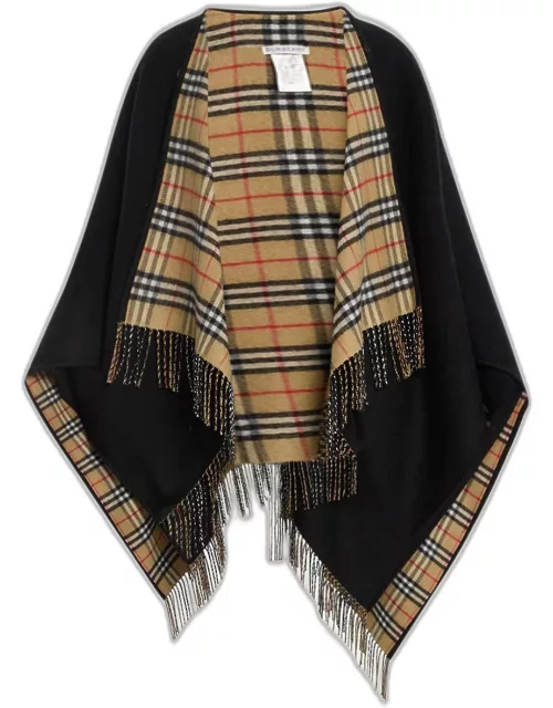 Vintage-Style Check Fringed Wool Cape
