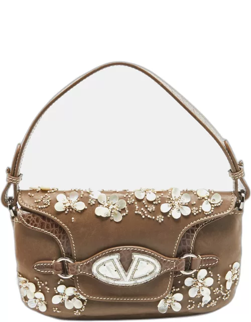 Valentino Beige Leather/Croc Embossed Crystal and Pearl Embellished Catch Shoulder Bag