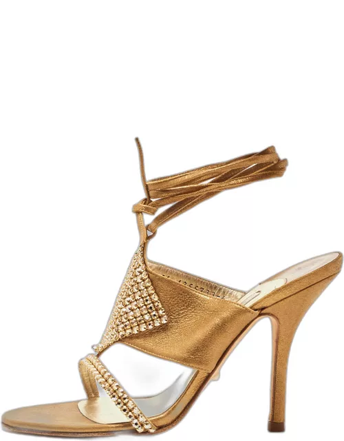 Gina Gold Texture Suede Crystal Embellished Ankle Wrap Sandal