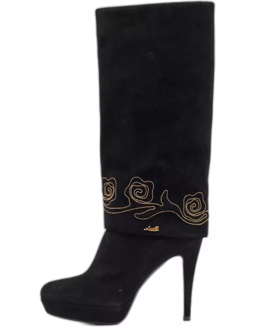 Loriblu Black Suede Embroidered Knee Length Platform Boot