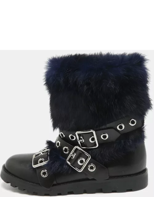 Marc By Marc Jacobs Black/Blue Ricky Rex Rabbit Fur and Leather Buckled Moto Boot