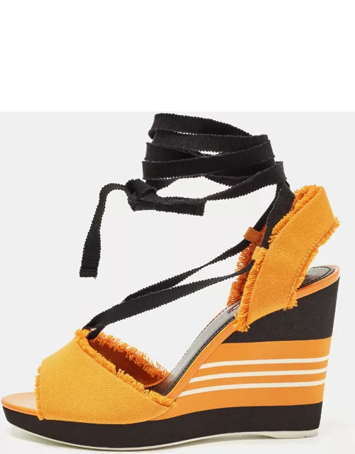 Prada Orange/Black Canvas Wedge Slingback Sandal