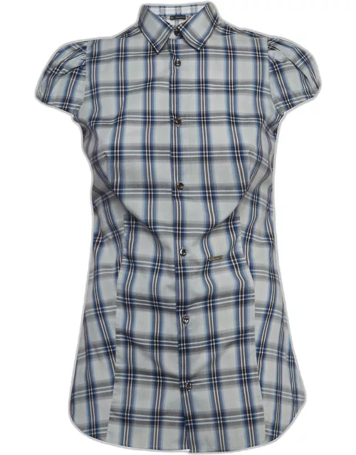 Dsquared2 Blue Checked Cotton Buttoned Short Puff Sleeve Shirt