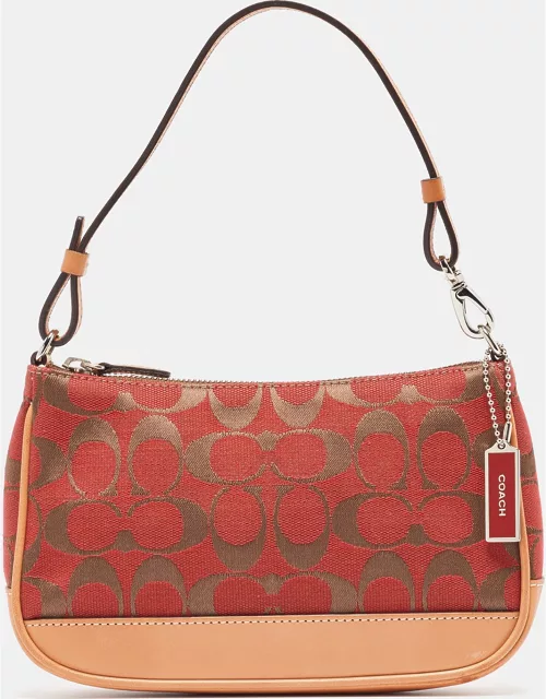 Coach Red/Beige Signature Canvas and Leather Pochette Bag