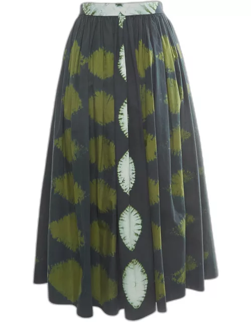 Dior Green Tie Dye Print Cotton Gathered Midi Skirt
