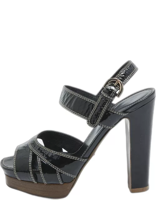 Sergio Rossi Black Patent Leather Platform Ankle Strap Sandal