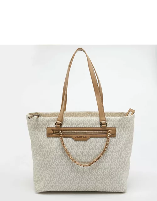 Michael Kors Beige/White Signature Coated Canvas and Leather Large Slater Tote
