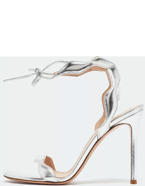 Gianvito Rossi Silver Leather Wavy Ankle Tie Sandal