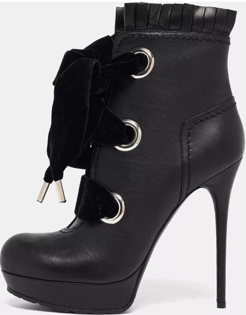 Alexander McQueen Black Leather and Velvet Platform Ankle Bootie