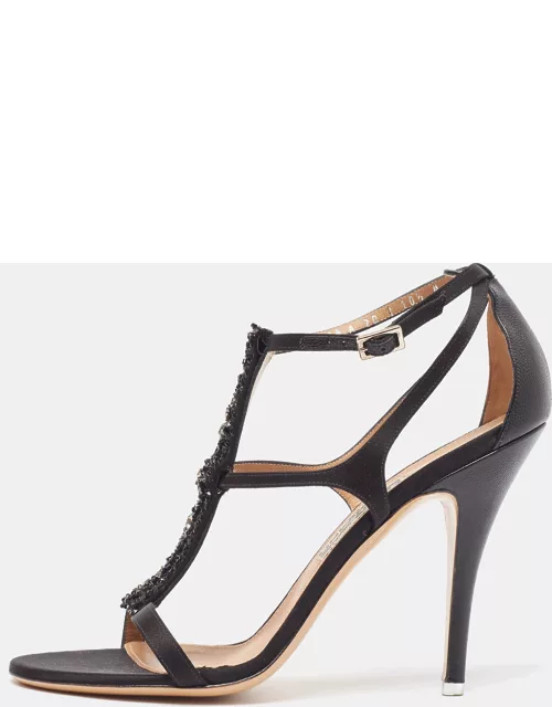 Salvatore Ferragamo Black Satin Crystal Embellished Ankle Strap Sandal
