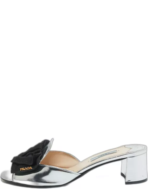 Prada Silver/Black Patent Leather and Canvas Bow Slide Sandal