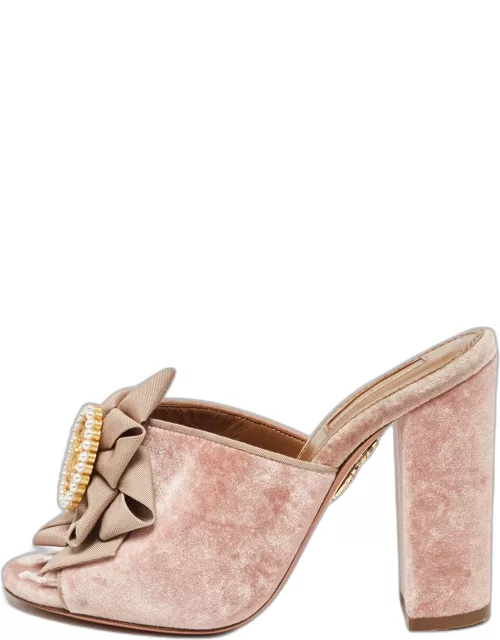 Aquazzura Pink Velvet and Fabric Embellished Slide Sandal