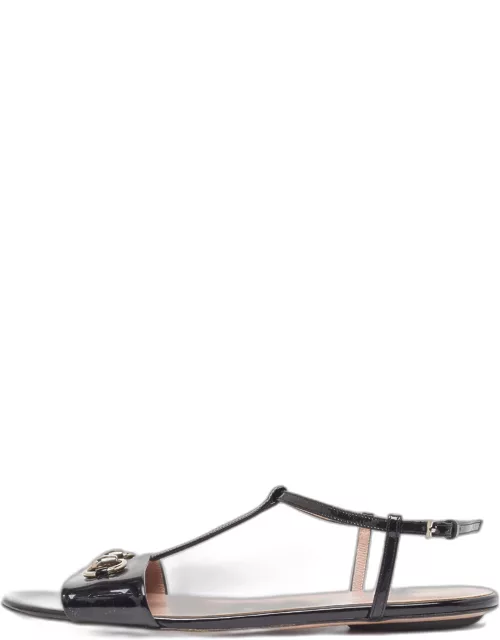 Gucci Black Patent Leather Horsebit T-Strap Flat Sandal