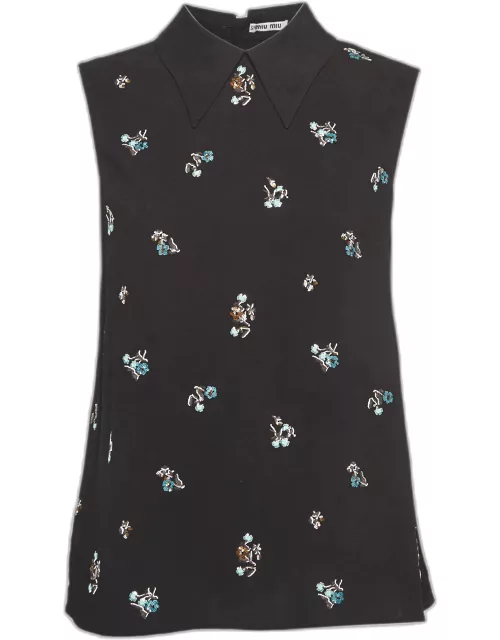 Miu Miu Black Floral Embroidered Crepe Back Buttoned Top