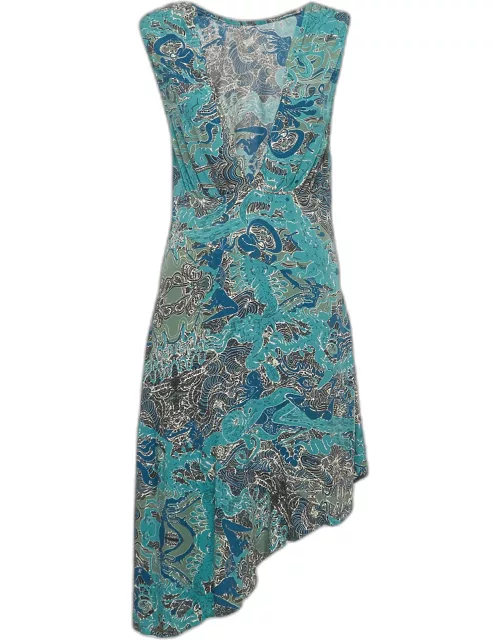 Zadig & Voltaire Blue Printed Crepe Asymmetrical Sleeveless Midi Dress