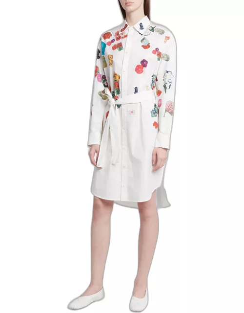 Floral-Print Belted Long-Sleeve Shirtdres