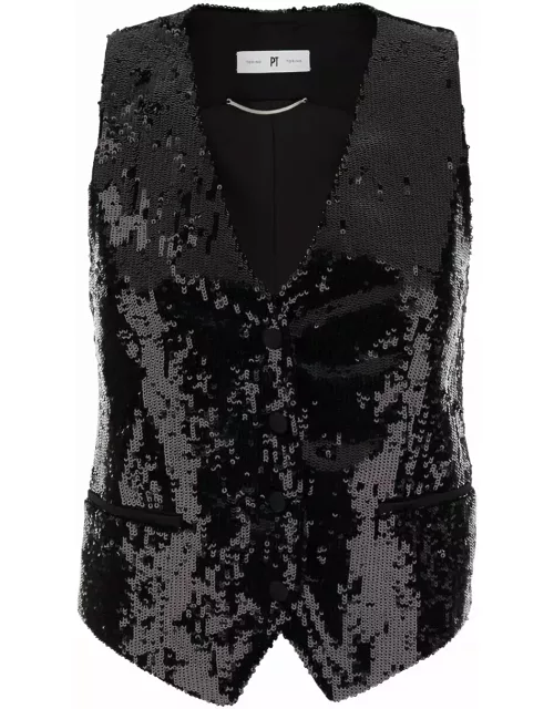 PT Torino Black Sequins Vest In Techno Fabric Woman