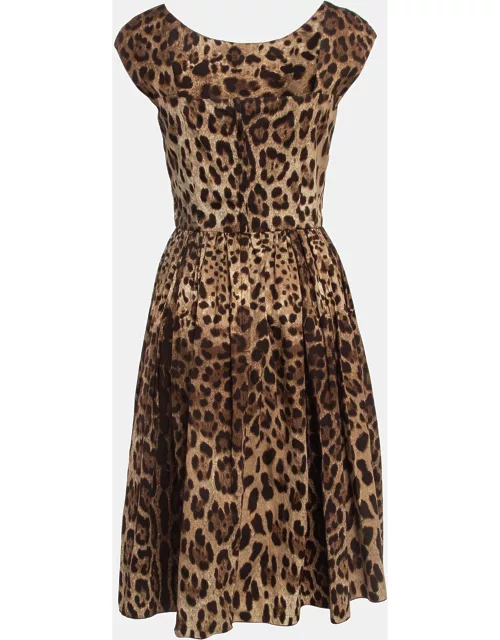 Dolce & Gabbana Brown Leopard Print Cotton Gathered Midi Dress