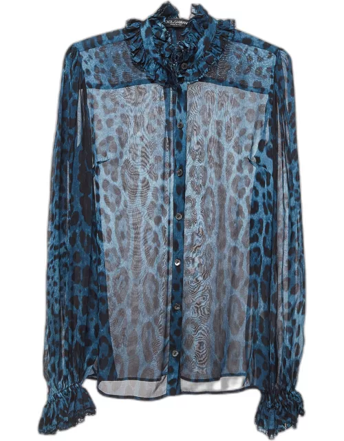 Dolce & Gabbana Blue Leopard Print Silk Ruffled Semi Sheer Shirt