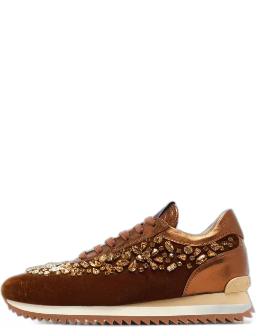 Le Silla Brown Velvet and Leather Crystal Embellished Low Top Sneaker