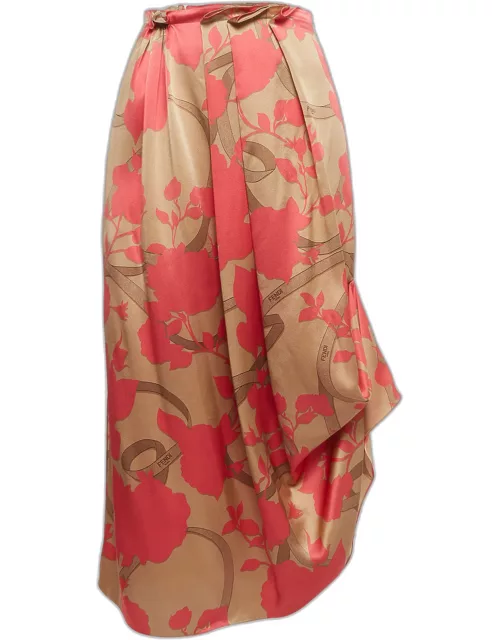Fendi Pink Floral Print Silk Pleated Asymmetric Midi Skirt