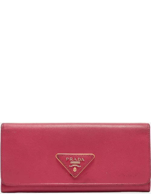 Prada Pink Saffiano Metal Leather Triangle Logo Flap Continental Wallet