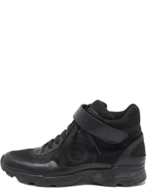 Chanel Black Leather and Mesh CC High Top Sneaker