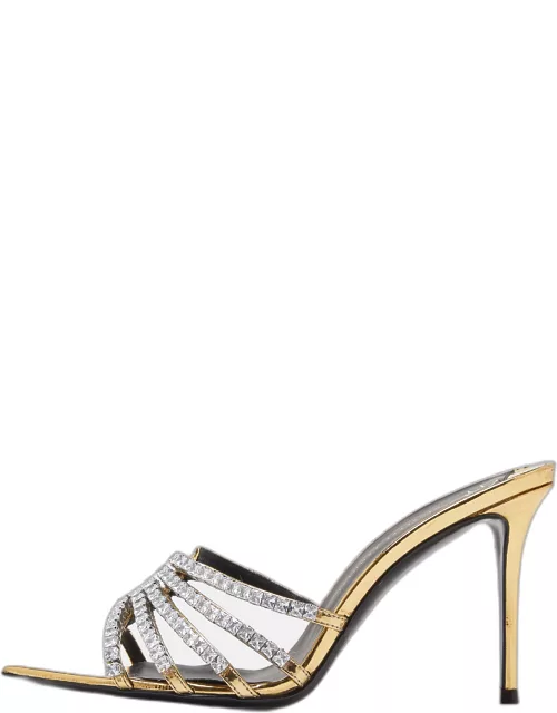 Giuseppe Zanotti Gold Laminated Leather Crystal Embellished Slide Sandal