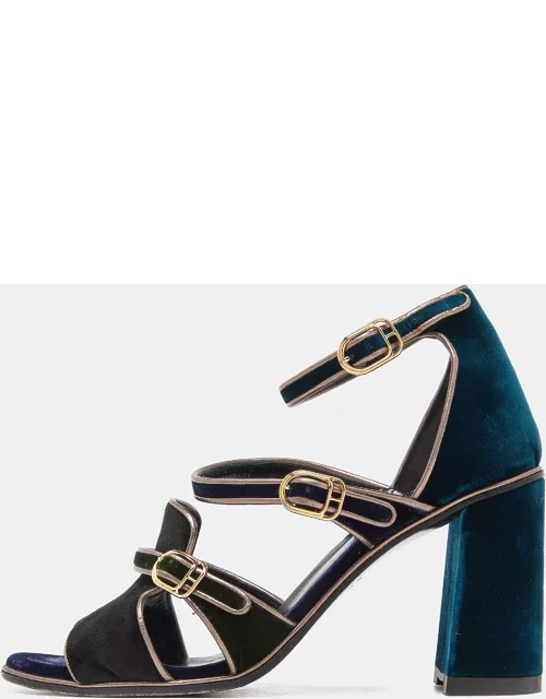 Hermès Multicolor Velvet Ankle Strap Block Heel Sandal