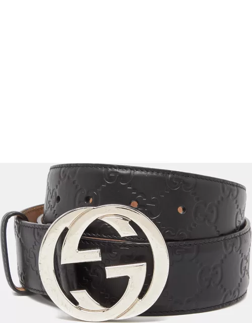 Gucci Black Guccissima Leather Interlocking GG Buckle Belt 80C