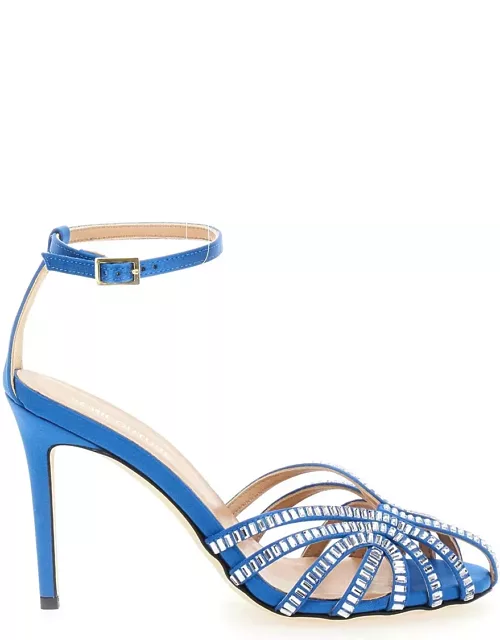SEMICOUTURE Light Blue Sandals With Baguette Rhinestones In Satin Woman