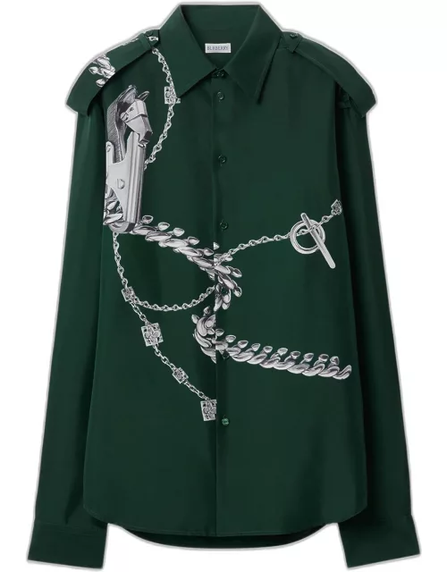 Men's Silk Horse Chain-Print Epaulet Shirt