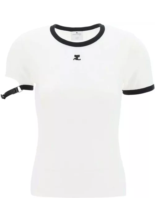 COURREGES Leather strap T-shirt with sleeve detail.