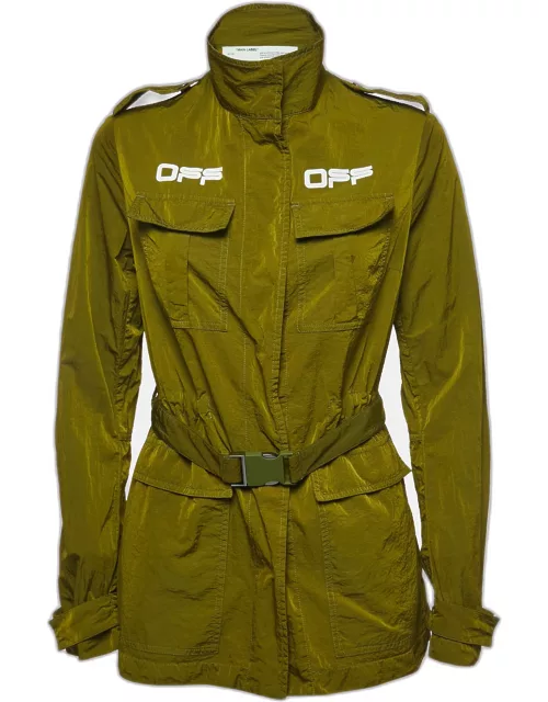 Off-White Green Logo Print Nylon Button Front Belted Field Jacket