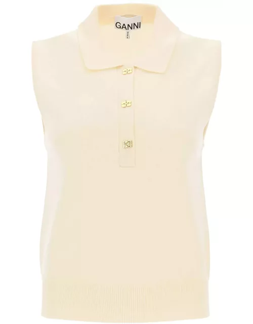 Ganni Sleeveless Polo Shirt In Wool And Cashmere