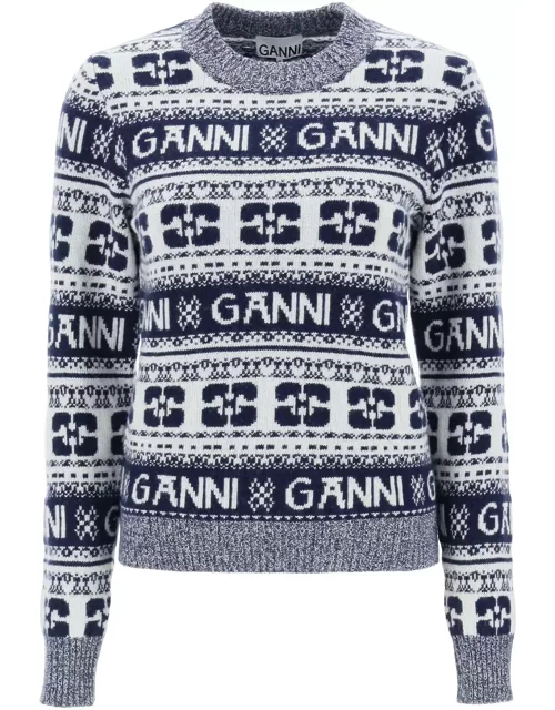 Ganni Jacquard Wool Sweater With Logo Pattern