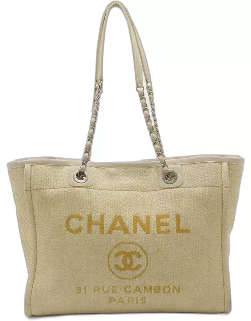 CHANEL Yellow Canvas Deauville Medium Tote MM Bag