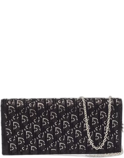 Dior Black Oblique Satin Lady Dior Crystals Chain Clutch