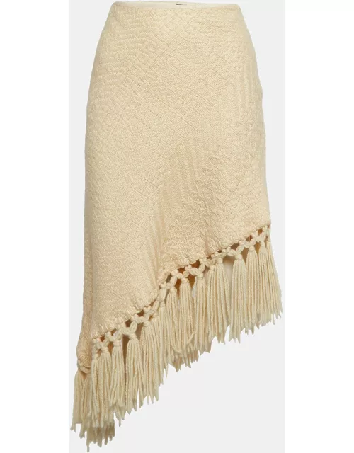 Dolce & Gabbana Cream Chunky Knit Tassels Detail Asymmetric Midi Skirt
