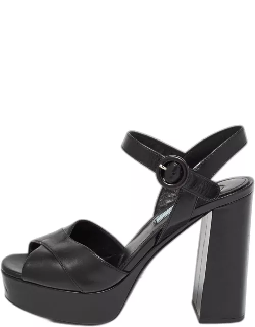 Prada Black Leather Ankle Strap Platform Sandal