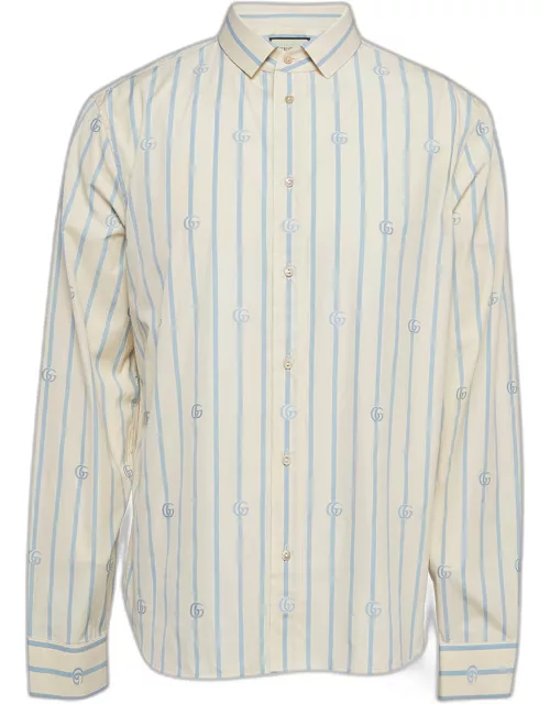 Gucci White/Blue Striped GG Embroidered Cotton Long Sleeve Shirt