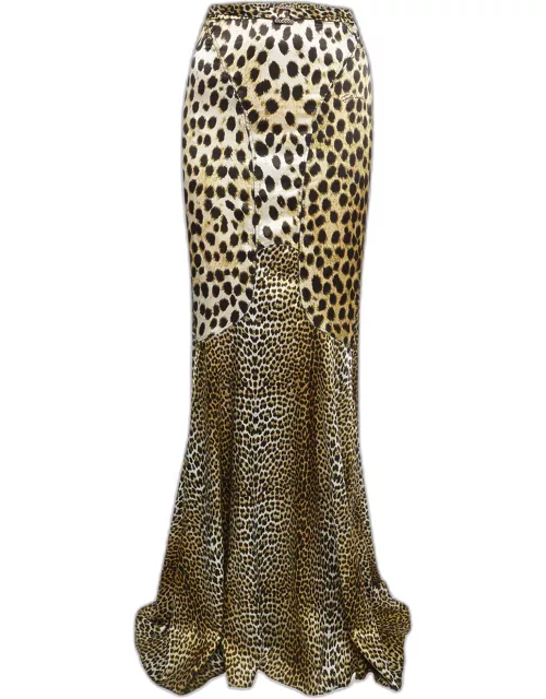 Just Cavalli Brown Leopard Satin Print Flared Maxi Skirt