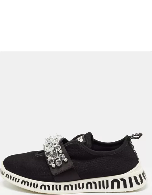 Miu Miu Black Fabric and Satin Crystal Embellished Slip On Sneaker