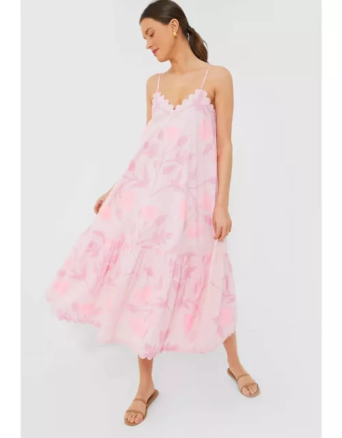 Pale Pink V-Neck Midi Dress with Bellflower Block Print