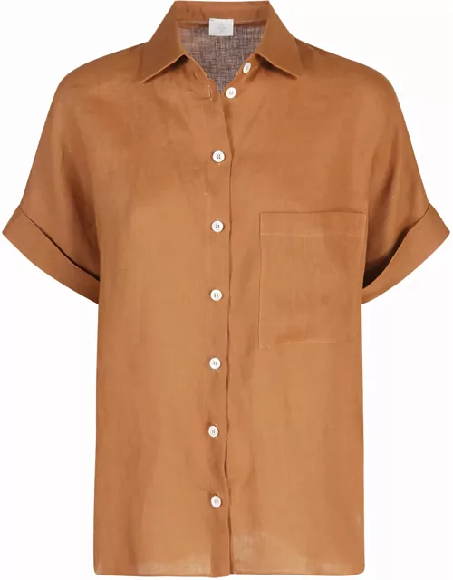 Eleventy Terracotta Shirt With Half Sleeves In Linen