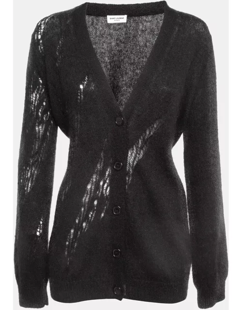 Saint Laurent Paris Black Ripped Mohair Knit Buttoned Cardigan