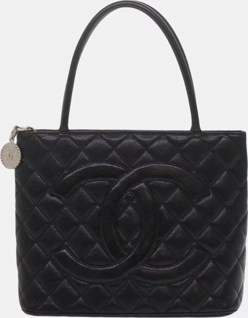 Chanel Black Leather Quilted Madellion Tote Bag