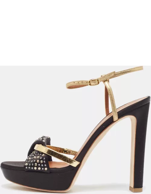 Malone Souliers Black/Gold Satin and Leather Lauren Platform Sandal